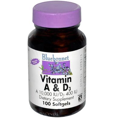 Вітамін А і D3, Bluebonnet Nutrition, 10 000 МО / 400 МО, 100 желатинових капсул