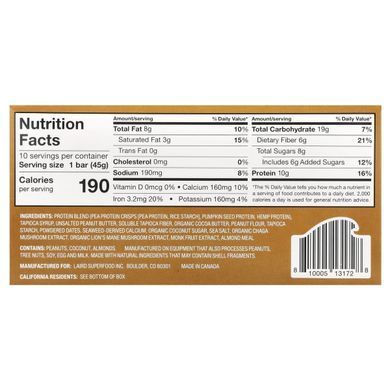 Laird Superfood, протеїновий батончик і адаптогени, арахісова паста, 10 батончиків по 45 г (1,6 унції)