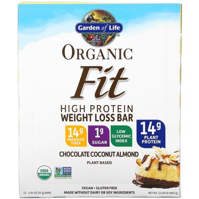 Батончики з рослинним білком для схуднення шоколад-кокос органік Garden of Life (Protein Bar) 12 шт. по 55 г