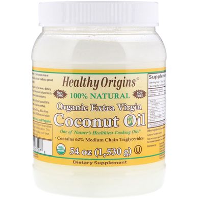 Органічна кокосова олія першого вичавлення, Organic Extra Virgin Coconut Oil, Healthy Origins, 54 унції (1,503 г)