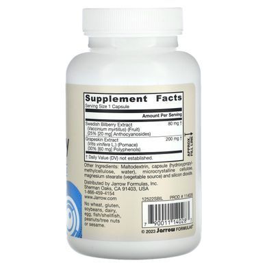 Комплекс чорниці і поліфенолів зі шкірки винограду, Bilberry and Grapeskin Polyphenols, Jarrow Formulas, 280 мг, 120 овочевих капсул