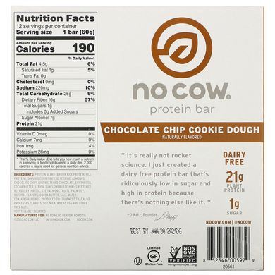 Протеїновий батончик, тісто для шоколадного печива, Protein Bar, Chocolate Chip Cookie Dough, No Cow, 12 батончиків по 60 г кожен