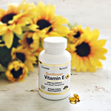 Вітамін E з соняшника без ГМО зі змішаними токоферолами California Gold Nutrition (Sunflower Vitamin E with Mixed Tocopherols) 400 МО 90 м'яких вегетаріанських таблеток