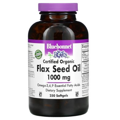 Лляна олія, сертифіковане органічне, Bluebonnet Nutrition, 1000 мг, 250 желатинових капсул