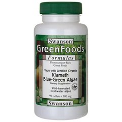 Зроблено з сертифікованими органічними синьо-зеленими водоростями Кламафф, Made with Certified Organic Klamath Blue-Green Algae, Swanson, 500 мг, 90 таблеток