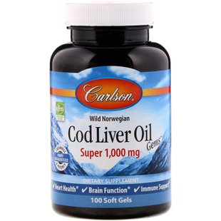 Капсулы из жира печени дикой норвежской трески, высшего качества, Cod Liver Oil Gems, Carlson Labs, 1000 мг, 100 гелевых капсул купить в Киеве и Украине