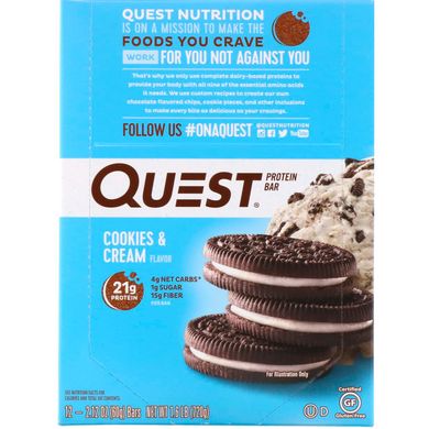 Протеїнові батончики, печиво та вершки, Quest Nutrition, 12 батончиків, 2,12 унції (60 г) кожен