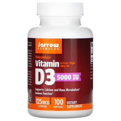 Вітамін D3, Jarrow Formulas, 5000 МО, 100 гелевих капсул