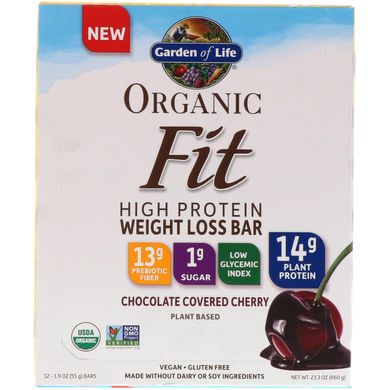 Батончик з рослинним білком для схуднення Garden of Life (Organic Fit) 12 шт зі смаком вишня в шоколаді