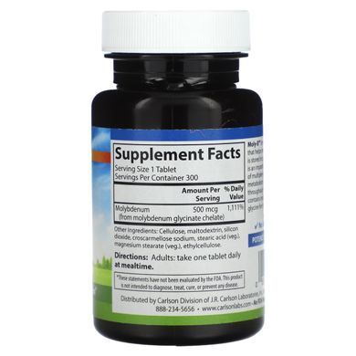 Carlson, Moly-B&trade;, Chelated Molybdenum, 300 Vegetarian Tablets купить в Киеве и Украине