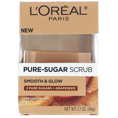 Скраб Pure-Sugar, гладкість і сяйво, 3 види цукру + виноградні кісточки, L'Oreal, 48 г