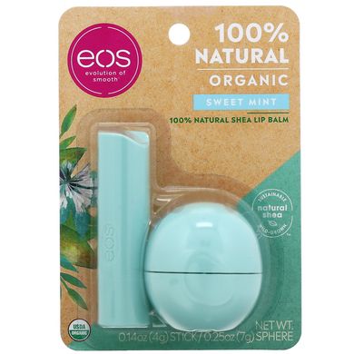 100% натуральний бальзам для губ з ши, м'ята, EOS, 2 шт. в упаковці, 11 г