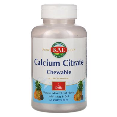 Кальцій лимонно жувальний, натуральний аромат фруктове асорті, Calcium Citrate Chewable, KAL, 60 жувальних пастилок