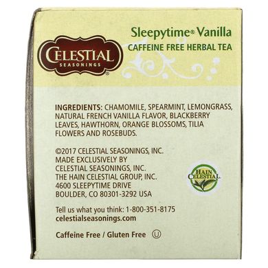 Трав'яний чай, Sleepytime Vanilla, без кофеїну, Celestial Seasonings, 20 пакетиків, 1,0 унції (29 г)