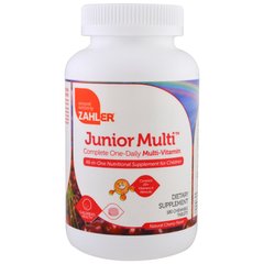 Junior Multi, Полный набор мультивитаминов всего по 1 таблетке в день, Натуральный вишневый вкус, Zahler, 180 жевательных таблеток купить в Киеве и Украине
