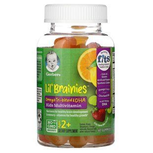 Омега-три-смесь и ДГК, мультивитамины для детей, возраст 2+, Lil Brainies, Omega Tri-Blend & DHA, Kids Multivitamin, Ages 2+, Gerber, 60 жевательных конфет купить в Киеве и Украине