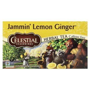 Трав'яний чай, Jammin, лимон і імбир, без кофеїну, Celestial Seasonings, 20 чайних пакетиків, 1,6 унції (45 гр)