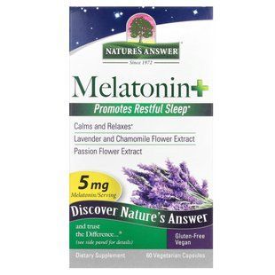 Мелатонин +, 5 мг, Nature's Answer, 60 вегетарианских капсул купить в Киеве и Украине
