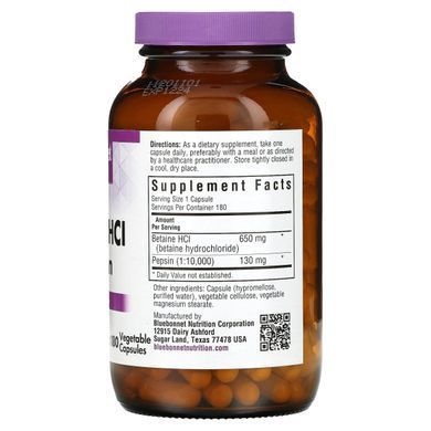 Betaine HCL and pepsin, Bluebonnet Nutrition, 180 capsules in vegetable shell.