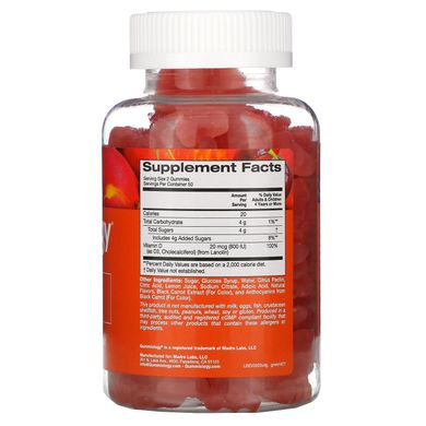 Вітамін Д3 для дорослих смак персик та вишня Gummiology (Adult Gummies Vitamin D3 Gummies No Gelatin Peach & Sour Cherry Flavors) 100 вегетаріанських жувальних таблеток