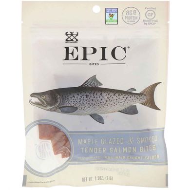 Ніжний копчений лосось, глазурований кленовим сиропом, шматочки, Epic Bar, 2,5 унц (71 г)