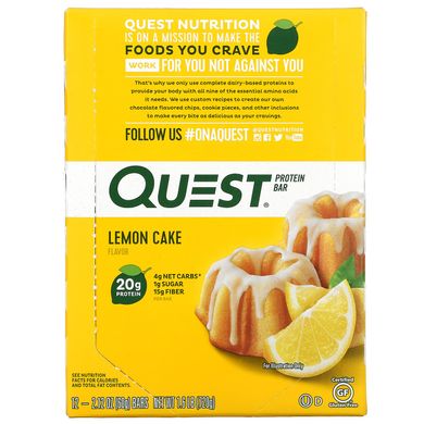 Quest Nutrition, Протеиновый батончик, лимонный торт, 12 батончиков по 2,12 унции (60 г) каждый купить в Киеве и Украине