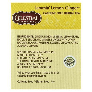 Трав'яний чай, Jammin, лимон і імбир, без кофеїну, Celestial Seasonings, 20 чайних пакетиків, 1,6 унції (45 гр)