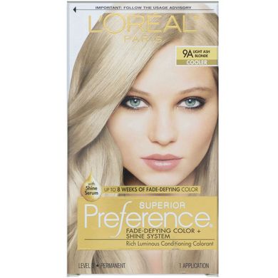 Фарба для волосся з технологією проти вимивання кольору і системою надання сяйва, холодний відтінок, світлий попелястий блонд 9A, L'Oreal, на 1 застосування