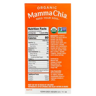 Органическое пребиотическое сжатие чиа, мандарин, Mamma Chia, 4 пакетика, 3,5 унции (99 г) каждый купить в Киеве и Украине