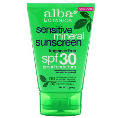 Сонцезахисний крем на мінеральній основі, для чутливої ​​шкіри, не містить ароматизаторів, SPF (сонцезахисний фактор), Alba Botanica, 30, 113 г (4 унц)