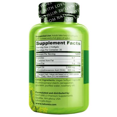 ДГК Омега-3 з водоростей для веганів NATURELO (Vegan DHA Omega-3 from Algae) 800 мг 60 капсул