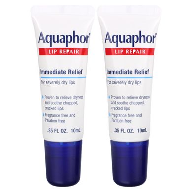 Aquaphor, Відновлення губ, негайне полегшення, без запаху, 2 тюбики по 0,35 рідкої унції (10 мл) кожен