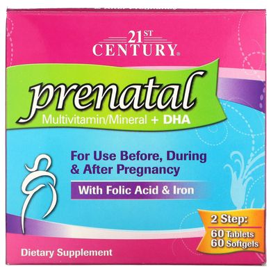 Prenatal c мультивитаминами / мінералами + докозагексаенова кислота, 21st Century, 2 пляшки, 60 таблеток / 60 желатинових капсул