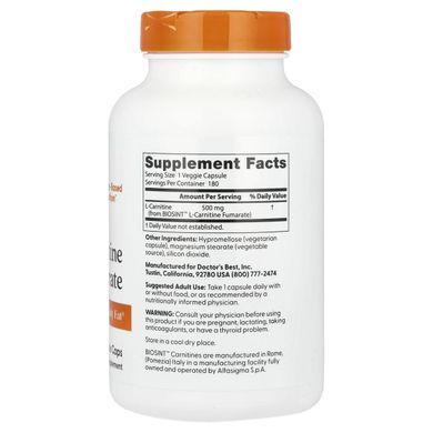 L-карнітин фумарат, L-Carnitine Fumarate with Biosint, Doctor's Best, 855 мг, 180 капсул в рослинній оболонці