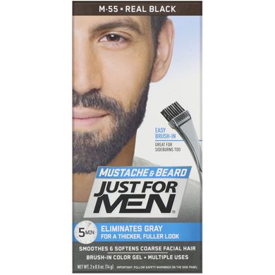 Гель для фарбування вусів і бороди Mustache & Beard, пензлик в комплекті, відтінок чорний M-55, Just for Men, 2 шт. по 14 г