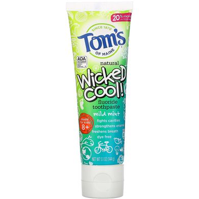 Зубна паста з натуральним фтором, для дітей від 8 років, дика м'ята, Wicked Cool !, Natural Fluoride Toothpaste, Kids 8+, Wild Mint, Tom's of Maine, 144 г