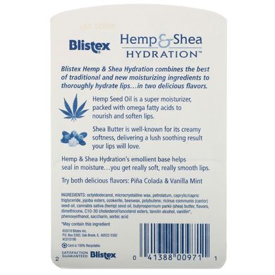 Blistex, Коноплі та ши, зволожуючий засіб для губ, зволоження, піна-колада та ванільна м'ята, 2 упаковки, по 0,15 унції (4,25 г) кожна