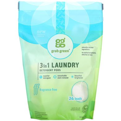 Пральний порошок три в одному без запаху Grab Green (3-in-1 Laundry Detergent Fragrance Free) 432 г