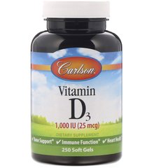 Витамин Д3, холекальциферол, Vitamin D3, Carlson Labs, 1000 МЕ (25 мкг), 250 мягких таблеток купить в Киеве и Украине