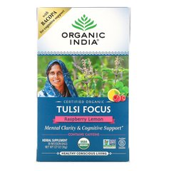 Organic India, Tulsi Tea, Focus, малина та лимон, 18 пакетиків для настою, 1,27 унції (36 г)
