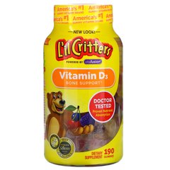 Вітамін Д3, жувальні вітамінні таблетки для зміцнення кісток, натуральний фруктовий смак, L'il Critters, 190 жувальних таблеток