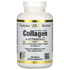 Гідролізовані колагенові пептиди + вітамін С тип 1 і 3 California Gold Nutrition (Hydrolyzed Collagen Peptides + Vitamin C Type I & III) 6000 мг 250 таблеток