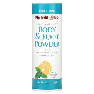 Powder for body and feet with grapefruit seed extract and essential oils, Citrus and mint, NutriBiotic, 4 oz (113 g).