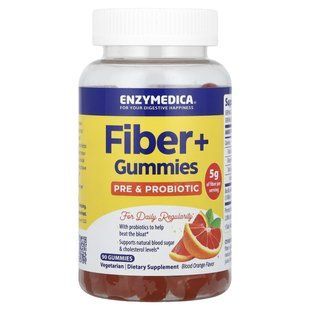 Клетчатка +, с пребиотиками и пробиотиками, вкус красного апельсина, Fiber +, Enzymedica, 60 жевательных конфет купить в Киеве и Украине