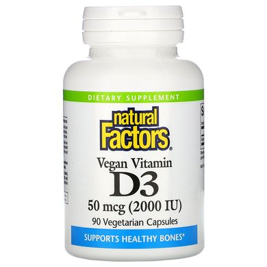 Веганський вітамін Д3, Vegan Vitamin D3, Natural Factors, 50 мкг (2000 МО), 90 вегетаріанських капсул