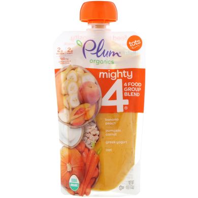 Mighty4, для малюків, Поживна суміш з 4 груп їжі, гарбуз, морква, банан, гранат, грецький йогурт, квиноа і овес, Plum Organics, 4 унц (113 г)