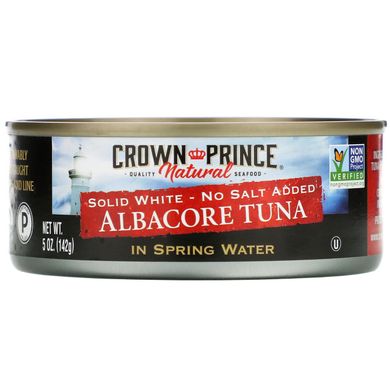 Длинноперий тунець, Щільне біле м'ясо - Без додавання солі, У прісній воді, Crown Prince Natural, 5 унцій (142 г)