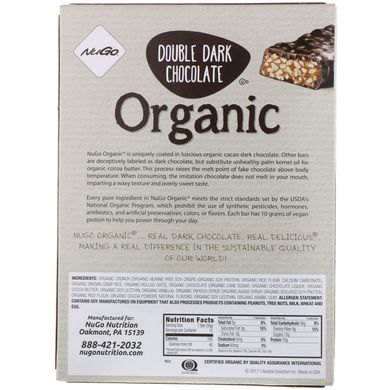 Органічний подвійний темний шоколад, NuGo Nutrition, 12 органічних білкових батончиків, 1,76 унції (50 г) кожен