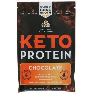 Keto Protein, кетогенная паливо, шоколад, Dr Axe / Ancient Nutrition, 15 окремих порційних пакетиків, 1,13 унц (32 г) кожен