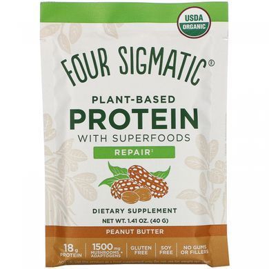 Протеїн на рослинній основі з суперпродуктом, арахісове масло, Plant-Based Protein with Superfoods, Peanut Butter, Four Sigmatic, 10 пакетів по 1,41 унції (40 г) кожен